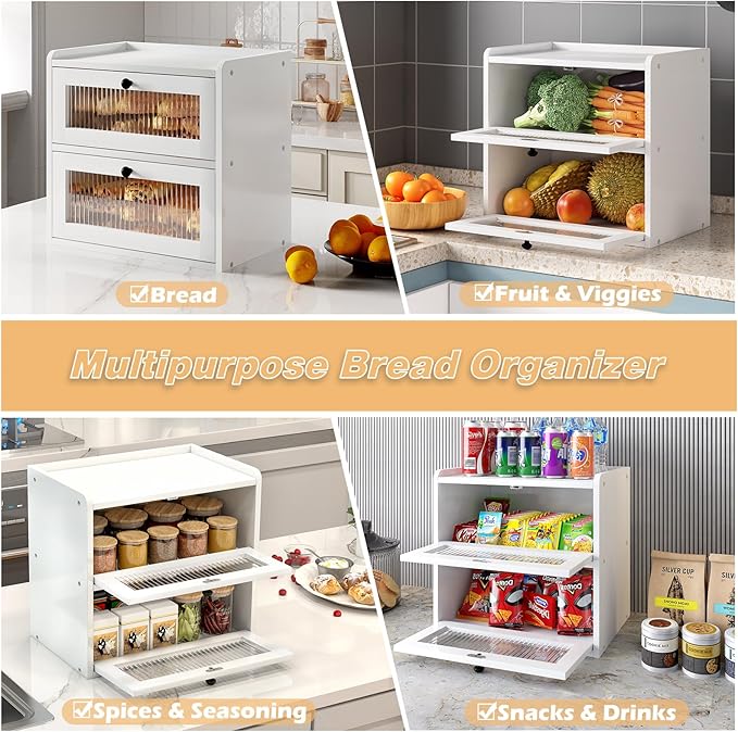 Alpeir Double Layer Large Bread Box for Kitchen Counter, Wooden Corner Bread Storage Container with Acrylic Window, White