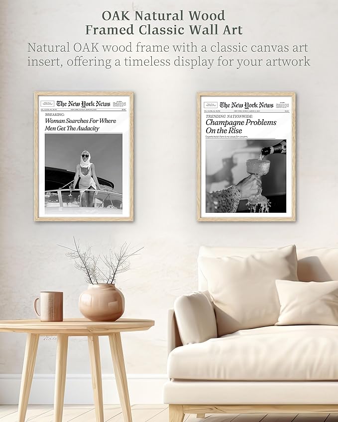 iHery Champagne Problems On the Rise Newspaper Headline Framed Wall Art, Natural OAK Wood Trendy 12x16 in Canvas Wall Art Décor For Bedroom Living Room Bathroom Set of 1