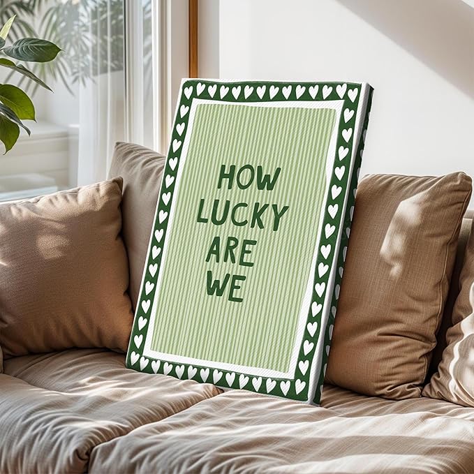 How Lucky Are We Poster Canvas,Green Stripe Quote Wall Art Print,Trendy Preppy Wall Decor For Apartment Room Bedroom Aesthetic 24X36 in Black Framed Ready To Hang