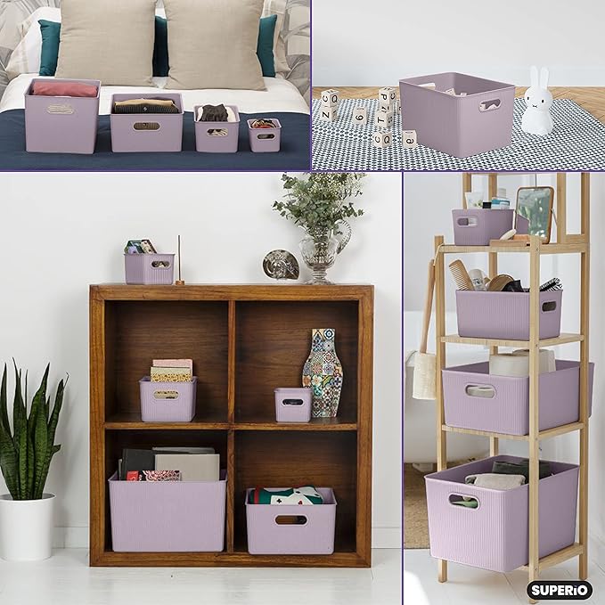 Superio Ribbed Collection - Decorative Plastic Basket Open Home Storage Bins Organizer, X-Large Lilac Purple (1 Pack) Container Boxes for Organizing Closet Storage Bins for Shelves 22 Liter/23 Quart