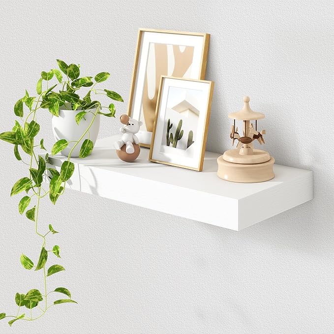 FLYJOE 12 Inch Deep Floating Shelves | 24 Inch White Floating Shelves | 24" W x 12" D White Wood Shelves for Wall | Deep Wood Shelves for Living Room Bathroom Laundry Room Kitchen