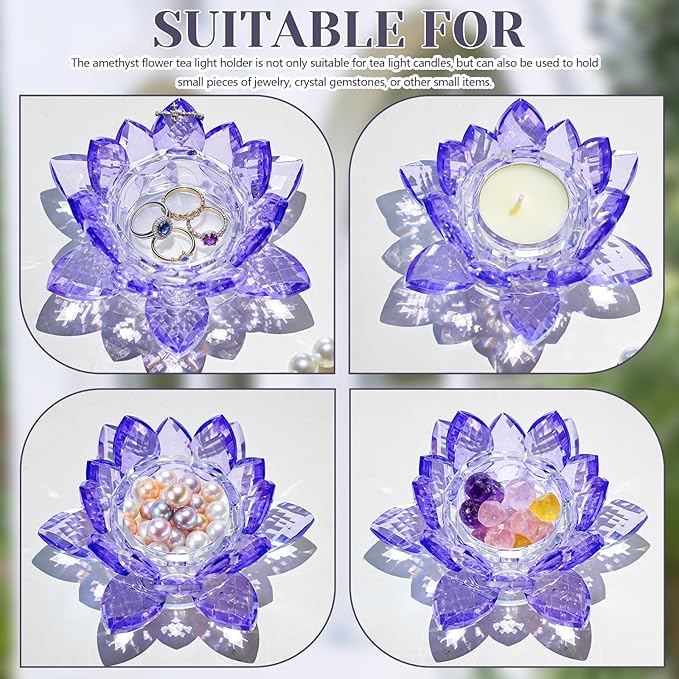 2 Pcs Purple Crystal Lotus Flower Tealight Candle Holder | Glass Votive Candlestick Decor for Home, Wedding, Party & Christmas Table Centerpieces