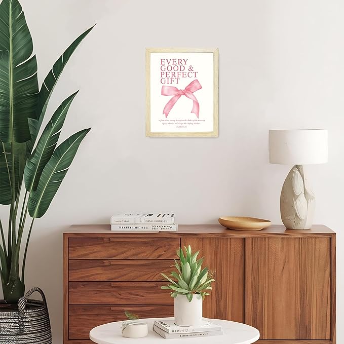 LARTSFRO Coquette Pink Bow Wall Art Decor Posters, Pink Bow Room Bedroom Bathroom Dorm Wall Art Decor Aesthetic for College Teen Girls Gifts, Inspirational Bible Verses Bow Wall Decor, 10x8 Inch Set of 4 Pcs Bow Pictures (WOOD-GRAIN FRAMED)