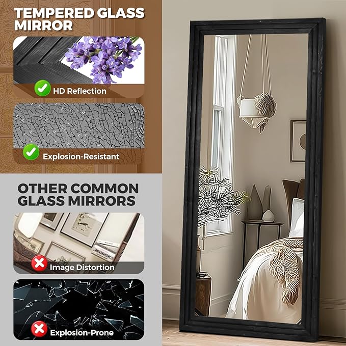 Full Length Wood Mirror 71x30 - Rustic Solid Wood Floor Mirror with Triple Layer Frame, HD Tempered Glass, Wall Mounted or Leaning Standing Mirror Vintage Black Mirror for Bedroom Bathroom Living Room