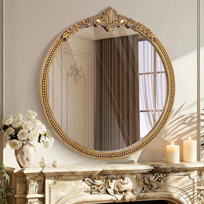 Farmhouse Round Wood Mirror - 30x30 Inches Antique Gold Baroque Wall Mirror, Ornate Beaded Decorative Mirror for Mantel, Living Room