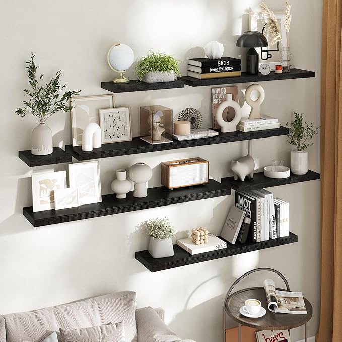 24 Inch Floating Shelves for Wall with Invisible Brackets Set of 2, 8"D Engineered Wood Wall Shelves with Wood Grain for Living Room, Bedroom, Bathroom, Kitchen Decor and Storage, Black Finish