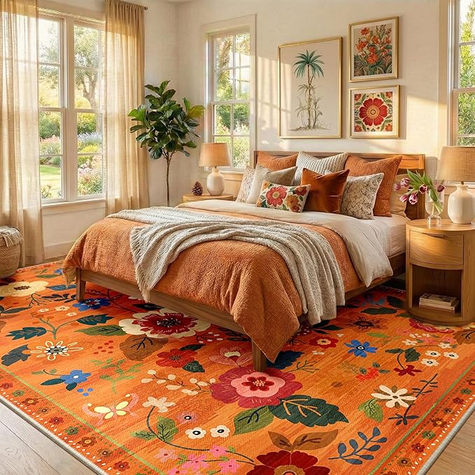 RELEANY Floral Nursery 9x12 Area Rugs Washable Print Boho Cute Carpet Non Slip Flower Low Pile for Living Room Kids Girls Playroom Bedroom Kitchen Office Farmhouse-Burnt Orange