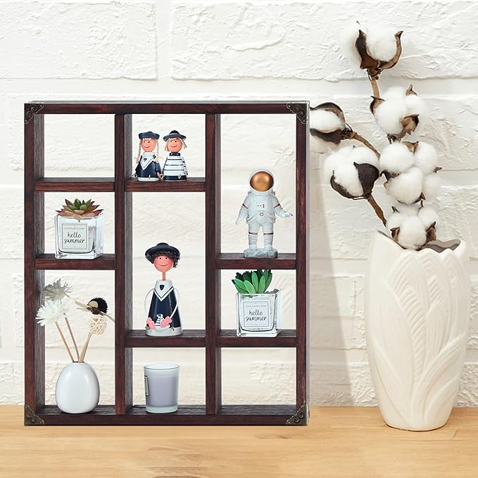 17.7x15.7-Inch Shadow Box Shelf 9-Slot Rustic Floating Shelves Larger Wall Mounted Shelf Lightweight Solid Wood Display Shelf Freestanding Farmhouse(9C-Rustic Walnut)