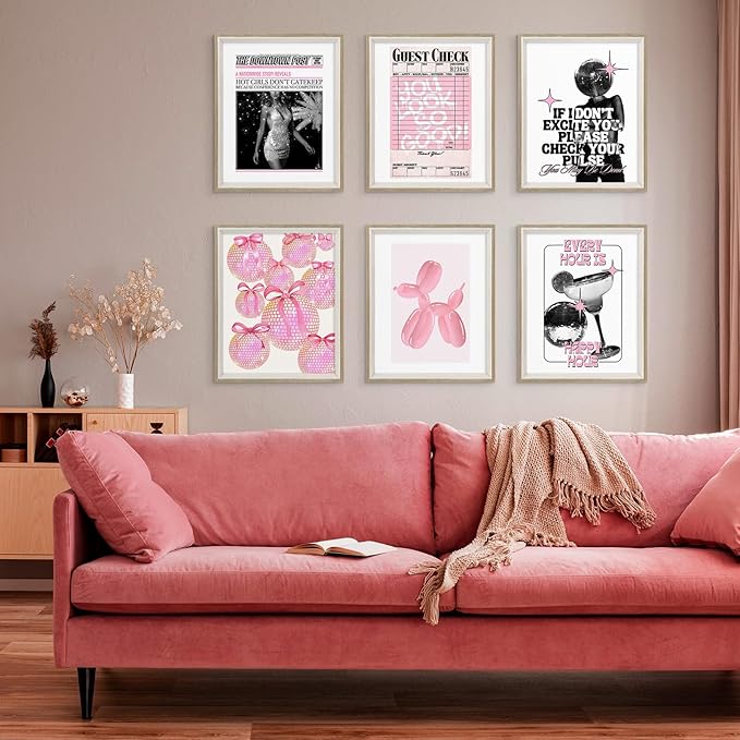 Habseligkeit Pink Fashion Wall Art Prints, Trendy Cute Wall Art Posters for Room Decor Aesthetic, Unique Room Decor for Girls Dorm, Framed, 8x10in, Set of 6