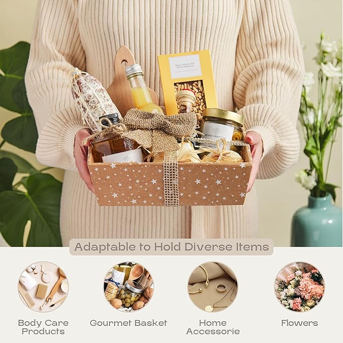 Pack of 5 Empty Sturdy Gift Basket Made in Italy - Ideal for Party, Wedding and Any Occasion - 9" x 6.69" x 3.14" Havana - Stars