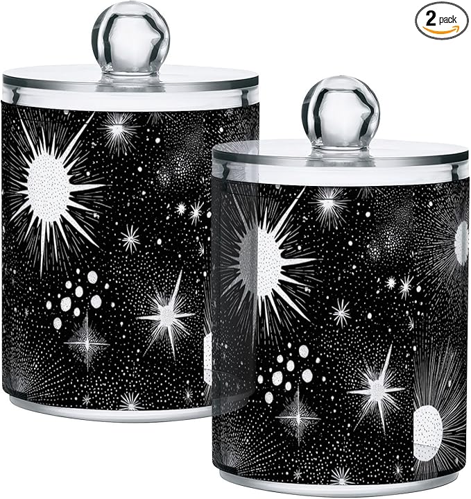2 Pack Apothecary Jars Retro Dark Stars Sun Bathroom Vanity Storage Organizer Set,Small Clear Plastic Storage Jars Bathroom Canister for Cotton Swabs, Rounds, Balls, Qtips,Makeup Sponges, Floss