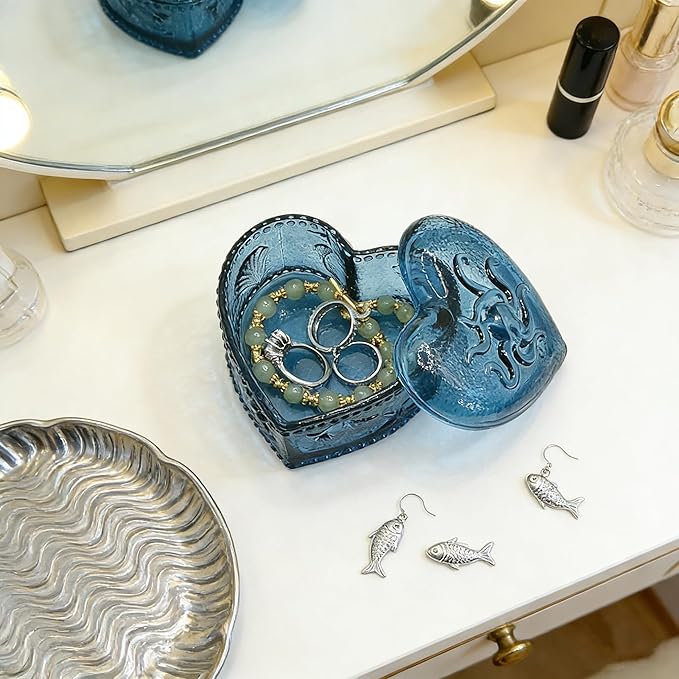 Glass Jewelry Box Heart Shape Cute Box for Storage Ring Earring Trinket Vintage Jewelry Organizer Decorative Gift for Women Girls-GRB021-Navy