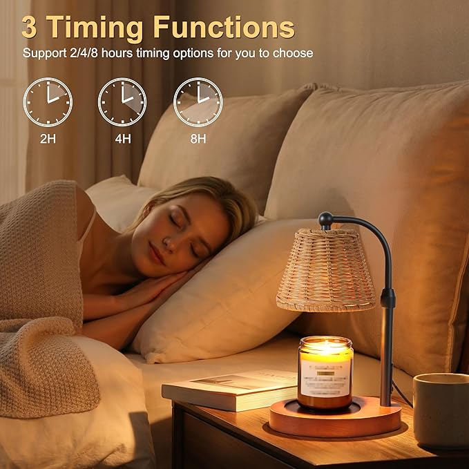 Candle Warmer Lamp with Timer Dimmer, Natural Weaving Boho Candle Lamp Birthday Gifts for Women, Mom, House Warming Gifts Wax Melt Warmer for Jar Candles with 2 Bulbs, Khaki