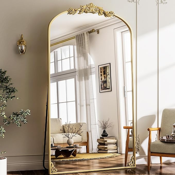 GLSLAND Oversized Vintage Mirror - 72"x 44" Full Length Mirror Large Carved Arched Mirrors with Metal Frame Baroque Full Body for Bathroom/Living Room/Entryway,Gold