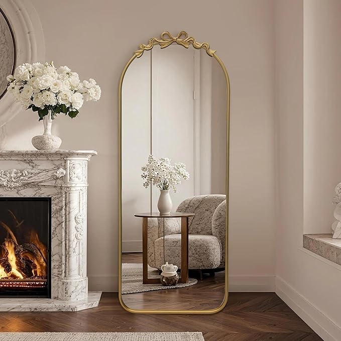 Besdomus Arched Mirror Full Length: 21"x56" Bow Gold Arch Floor Mirror - Antique Baroque Traditional Ornate Standing Mirror for Entryway/Cloakroom/Bedroom - Home Decor for Fashion-Conscious