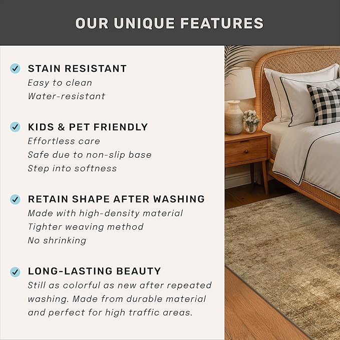 Hazo Haus Large Brown Golden Rug for Living Room - Rustic Farmhouse 9x12 Area Rug for Dining Room Table, Bedroom Under Bed, Non Slip with Rubber Backing & Stain Resistant