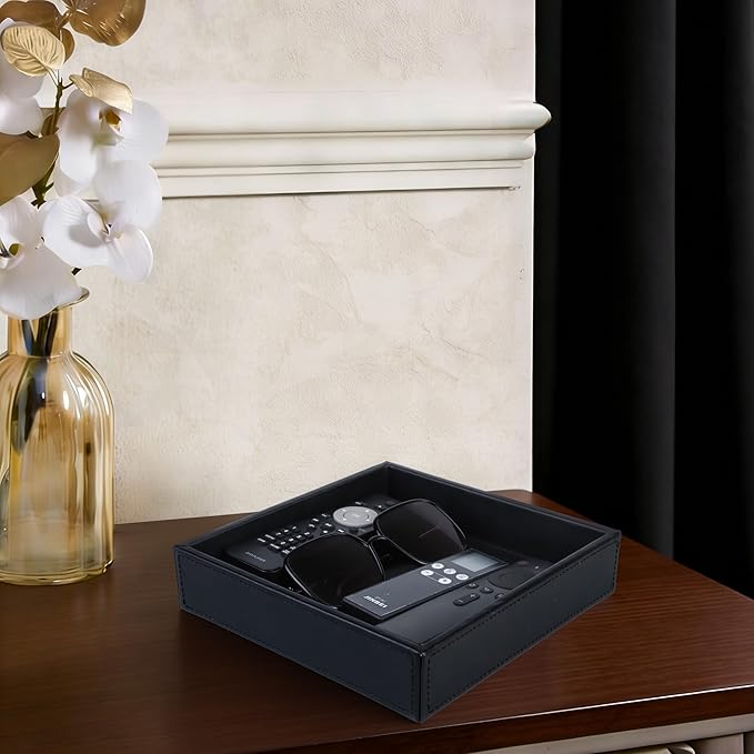 HofferRuffer Faux Leather Vanity Tray, Elegant Desktop Storage Organizer, Decorative Catchall for Perfume, Bathroom Valet, Nightstand or Dresser, 8 x 8 x 1.8 inches (Black)