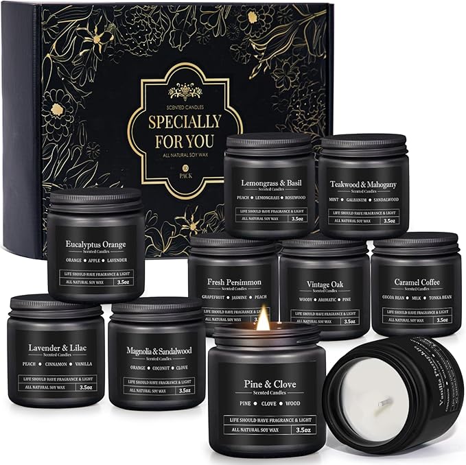 10 Pack Scented Candles for Men, Masculine Candle Gift Set with Woody & Fresh Scents, Soy Wax Aromatherapy Candles for Home, Gifts for Him, Boyfriend, Father's Day