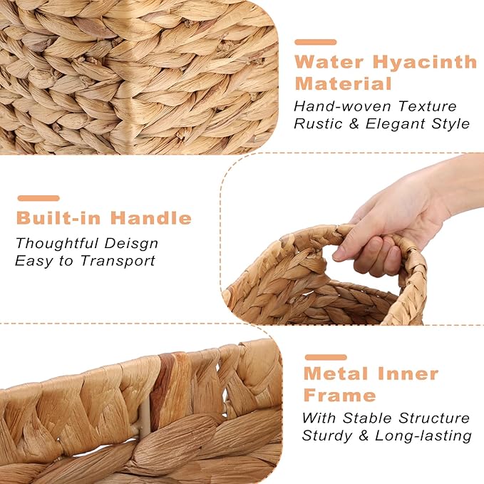 BTSKY Woven Magazine Holder, Water Hyacinth Magazine Basket, Natural Narrow Storage Basket Bin for Books & Files, Magazine Rack with Built-in-Handle for Home, Office & Desk - 11.4x5.9x10.6 Inch