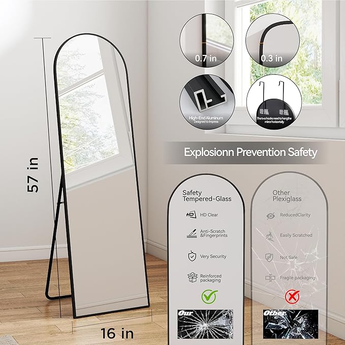 SCWF-GZ 57x16 Door Hanging Full Length Mirror, Floor Stand (Height 5.7ft just Body in1.3ft) / Wall Mounted Metal Frame Arch Dressing Mirrors for Bedroom Living Room 57 inch Black