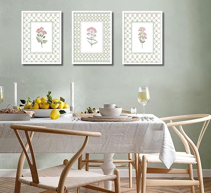 3Pcs Pink Green Floral Wall Art Wildflower Baby Room Painting Picture Wall Decor Pastel Botanical Poster Print Artwork for Bedroom Living Room Girls Bedroom Nursery Dining Room Home Decoration