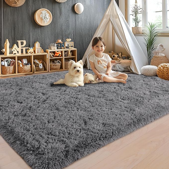 Area Rugs 9x12 for Living Room, Ultra Soft Fluffy Rugs for Bedroom, Non-Slip Furry Large Rug for Teen Girls and Boys,Nursery Kids Room Dorm Home Decor, High Pile Plush Floor Carpet, Grey
