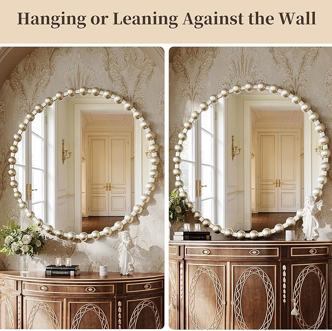 Round Vanity Wall Mirror, 36 Inch Beaded Frame Circle Mirror for Bathroom, Bedroom Dresser, Entryway, Living Room, Decorative Hanging Wall Mirror, Silver