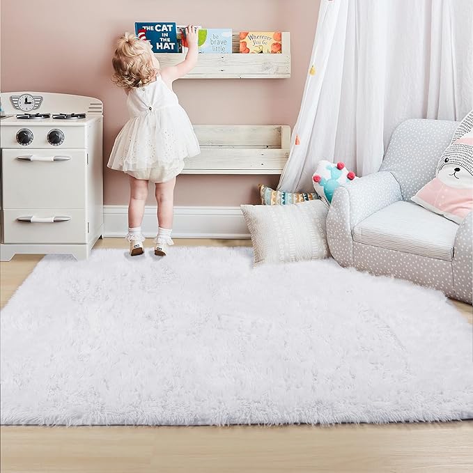 Amdrebio White Area Rugs for Bedroom, Shag Fluffy Rug for Living Room, Modern Furry Shaggy Throw Rug for Kids Room, Teen Girls, Dorm, Baby Nursery, Cute Fuzzy Fur White Carpet, 4x6 Rug, Home Decor