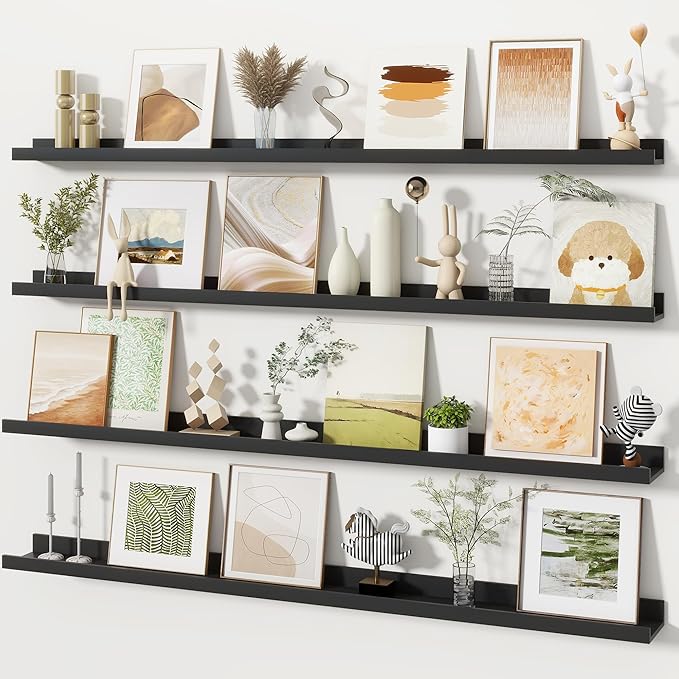 Fun Memories Picture Ledge Shelves Set of 4, 48 Inch Rustic Wall Mounted Floating Shelves with Lip for Home Storage and Décor in Bathroom, Kitchen, Nursery, Bedroom, Living Room, Black