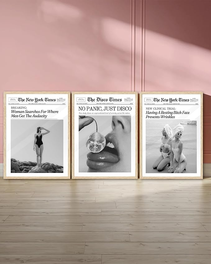 iHery Natural OAK Wood Framed Trendy NewsPaper Wall Art,12x16in Retro Magazine Canvas Wall Art, Funny Bathroom Decor,Woman Searches For Where Men Get The Audacity,Girly Bedroom Dorm Artwork 1Pack