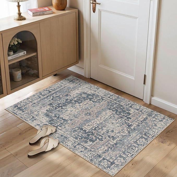 Rugxara Entryway Rug Door Mat, Washable Samll 2x3 Rug, Blue Boho Front Door Mat, Non Slip Area Rugs, Low Pile Throw Accent Entry Carpet for Indoor Entrance, Bathroom and Kitchen(Blue 2x3ft)