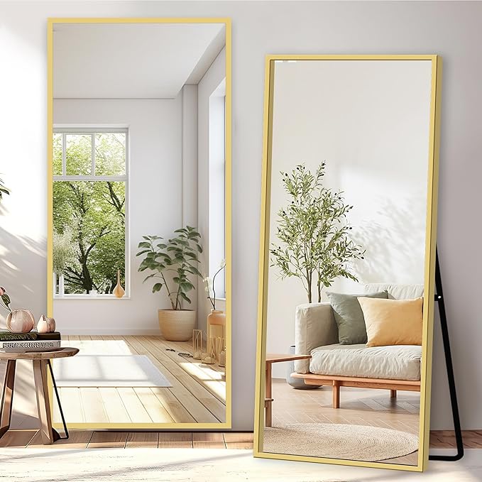 GlasFlength Full Body Mirror with Stand, 71" x 32" Full Length Mirror with Aluminum Alloy Frame Wall-Mounted/Leaning Against Wall/Floor Standing Mirror for Home Decor, Gold