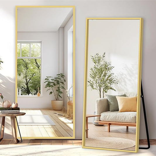 GlasFlength Full Body Mirror with Stand, 71" x 32" Full Length Mirror with Aluminum Alloy Frame Wall-Mounted/Leaning Against Wall/Floor Standing Mirror for Home Decor, Gold