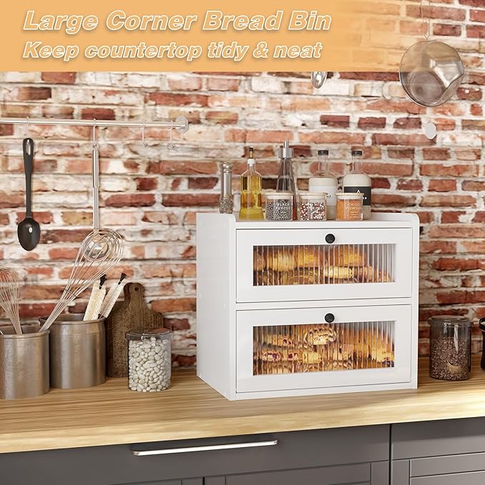Alpeir Double Layer Large Bread Box for Kitchen Counter, Wooden Corner Bread Storage Container with Acrylic Window, White