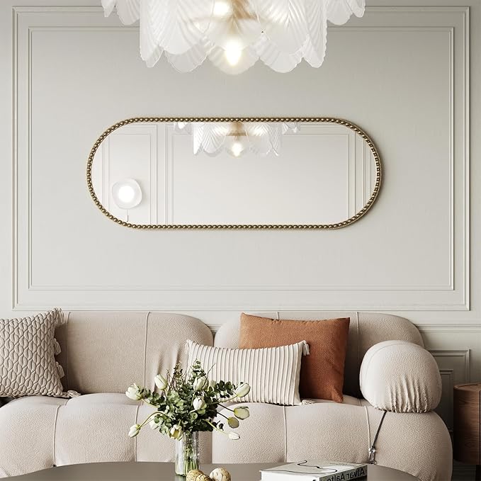 Champagne Bronze Bathroom Mirror with Beaded, 20"x53" Oval Full Length Mirror for Wall Decorated, Gold Vintage Beaded Mirrors with Brass Frame for Bedroom,Living Room,Hallway,Fireplace