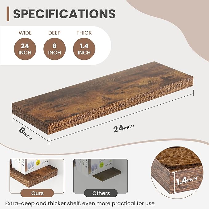 Acovy 24 Inch Floating Shelves, 8 Inch Deep Floating Shelves for Wall, Hanging Shelf with Invisible Brackets, Deep Shelves for Bathroom, Bedroom, Living Room, Brown, Set of 2