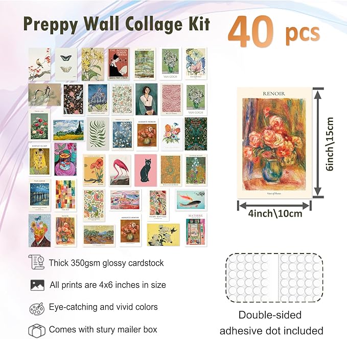 KBKBART 40 Pcs Vintage Wall Collage Kit Maximalist Paintings Art Prints Vintage Famous Artists Aesthetic Prints Cards Photo Wall Decor Aesthetic Collage Dorm Bedroom Decor