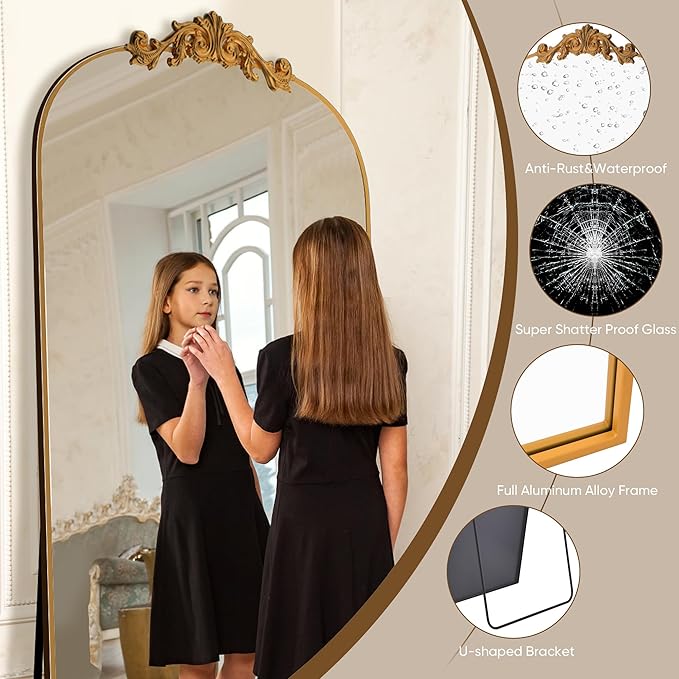 Antok Arched Full Length Mirror, 81"x41" Floor Mirror with Carved, Full Body Mirrors for HomeDecor, Standing/Halling Large Wall Mirror for Bedroom, Living Room, Cloakroom, Gold, Retro Style