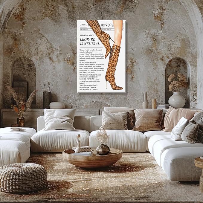Trendy Newspaper Posters Vintage Leopard Boots Poster Feminist Canvas Prints Retro Fashion Bar Cart Magazine Cover Wall Art for Hot Girl Preppy Y2k Aesthetic Room Home Decor 24x36inch Unframed