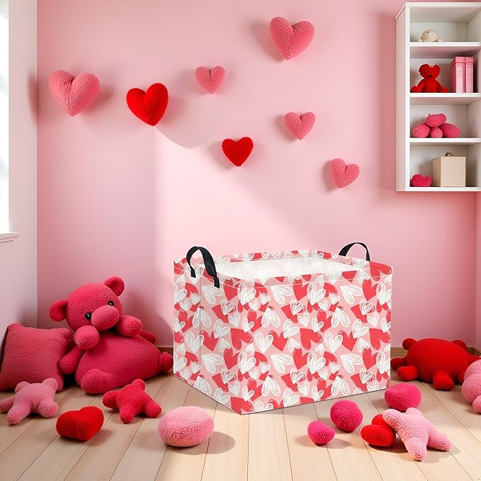 HIYAGON Rectangular Valentines Basket Fabric Storage Bin Storage Boxes Collapsible Storage Basket for Clothes Books Shelves Basket(Pink White Heart)