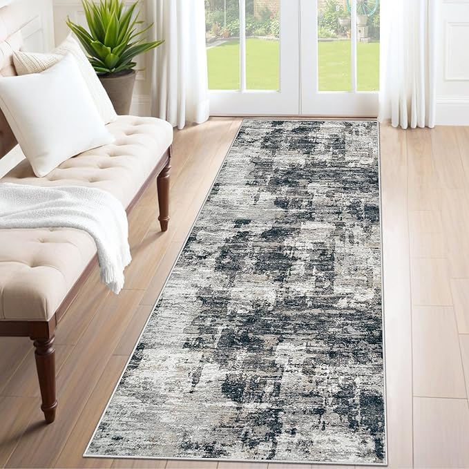 XLUEZ 2x7 Runner Rug for Hallway, Washable Modern Abstract Runner Rugs Neutral Soft Non Slip Kids Rug Stain Resistant Indoor Runners for Entryway Bedroom Kitchen Laundry Room(BlackGrey, 2'x7')