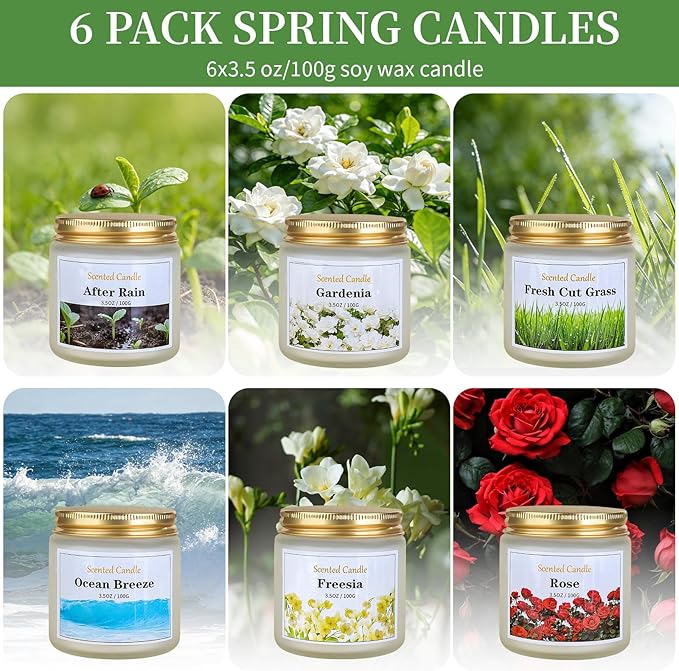 Spring Candle Set, 6 Pack Floral Scented Candles, 21 oz Soy Candles for Home Scented, Spring Gifts for Women & Men, Freesia/Rose/After Rain/Gardenia/Fresh Cut Grass/Ocean Breeze