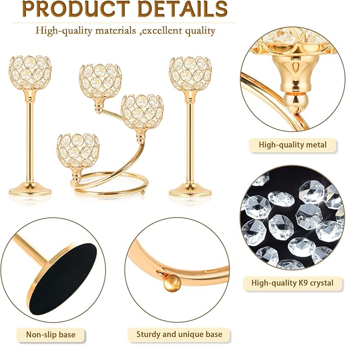 Gold Metal Crystal Candle Holder Set of 3 - Elegant 5-Arm Metal Tea Light Centerpiece with Shining Crystal Bowl, Wedding Anniversary Table Decor for Dining, Party
