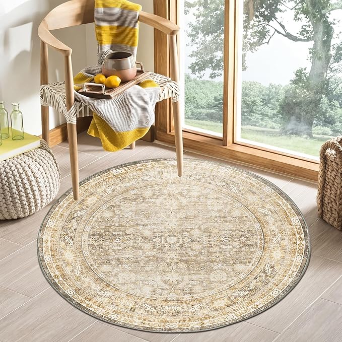 OPPODREAM Vintage Beige Round Rug 3ft, 3 ft Retro Washable Circle Rug Non Slip, Low-Pile Faux Wool Circular Carpet, Distressed Tan Floor Mat for Living Room, Bedroom, Office, Dorm, Dinning Room