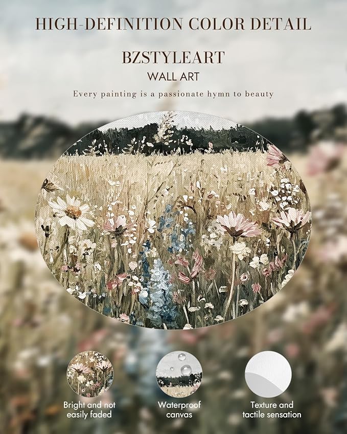 Bzstyleart Vintage Wall Art Decor for Living Room, Framed Landscape Wall Art Bedroom, Meadow with Flowers, Vintage Room Decor, Paintings for Bedroom, 12 x 16 Inch