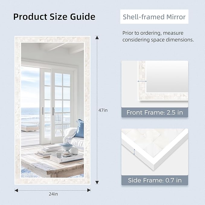 Tanmicoshomy 24 x 47 Inch White Rectangle Wall Mirror, Natual Shell Framed Rectangle Bathroom Mirrors with Tempered Glass for Bedroom Living Room or Entryway, Horizontal or Vertical Hanging