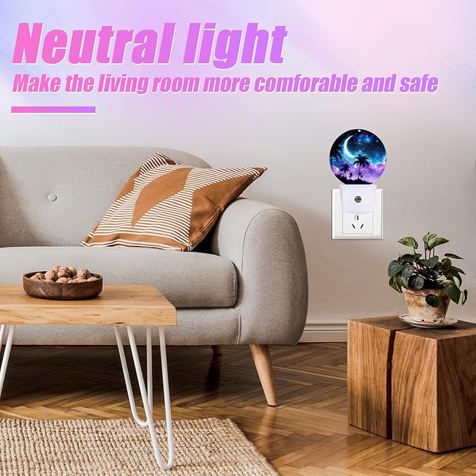 Palm Tree Night Light Purple Blue Night Moon Night Lights LED Lamp Round Plug into Wall Nightlight with Dusk to Dawn Sensor Home Hallway Stairway Kitchen Decor