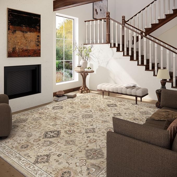 Machine Washable Rug for Living Room: 9x12 Area Rugs Boho Vintage Rug Stain Resistant Non Slip Low Pile Soft Lightweight Carpets for Bedroom Kitchen Dining Room Nursery Kids Room Farmhouse