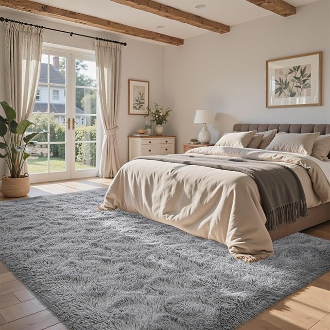 Grey Rugs for Bedroom Fluffy 4x6 ft Living Room Rug Non-Slip Area Rugs Shag Carpet for Nursery Kids Play Room Dorm Office Indoor Modern Plush Carpets Boys Light Gray