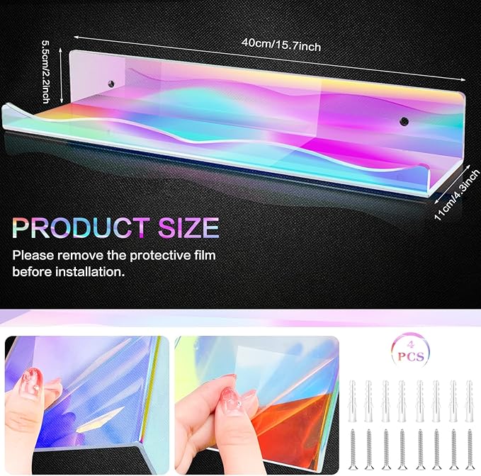 DILIBRA 4 Packs Iridescent Acrylic Floating Shelves, 15.7 Inch Clear Acrylic Display Shelf Wall Mounted, Invisible Set up for Funko Pop Display Shelves Wall Ledge Bookshelf for Kids Room Bathroom Dorm